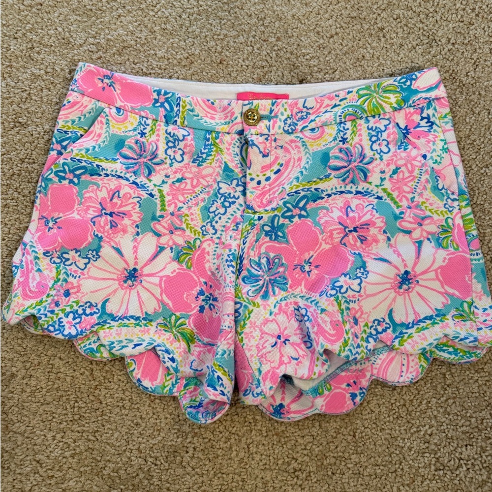 Lilly Pulitzer Pink Blue Floral Scallop Hem High Waist Shorts